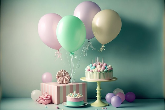 Beautiful decorations for baby shower party near color wall birthday party children Generative AI