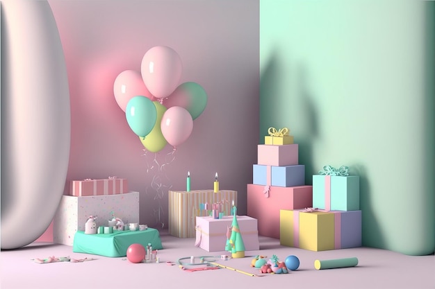 Beautiful decorations for baby shower party near color wall birthday party children Generative AI