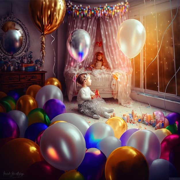 Beautiful decorations for baby shower party near color wall birthday party children Generative AI