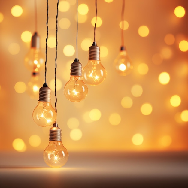 beautiful decorative light bulbs on blurred background with copy space