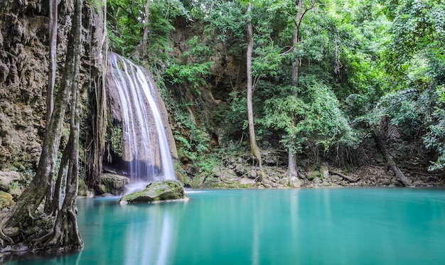 Beautiful deep forest waterfall of Erawan waterfall in Kanchaburi, Thailand