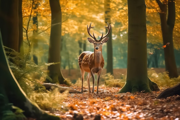 Beautiful deer in the autumn forest in full growth