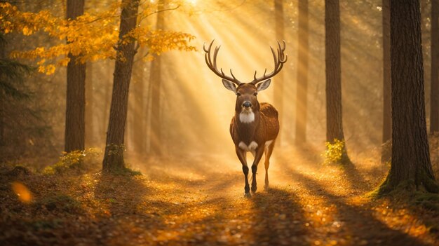 Beautiful deer in the autumn forest in full growth