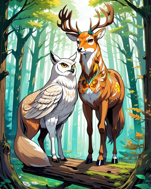 A beautiful Deer a brown horse a white owl a beautiful fox all in wood nature mesmerizing