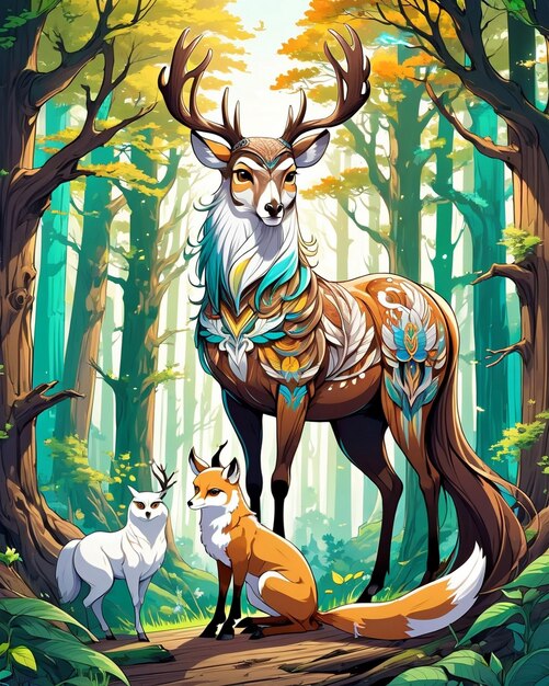 A beautiful Deer a brown horse a white owl a beautiful fox all in wood nature mesmerizing