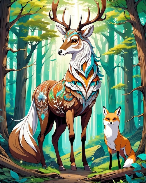 A beautiful Deer a brown horse a white owl a beautiful fox all in wood nature mesmerizing