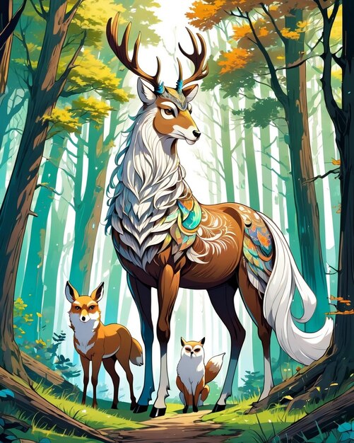 A beautiful deer a brown horse a white owl a beautiful fox all in wood nature mesmerizing