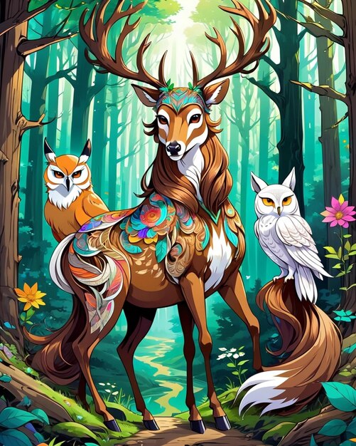 Photo a beautiful deer a brown horse a white owl a beautiful fox all in wood nature mesmerizing