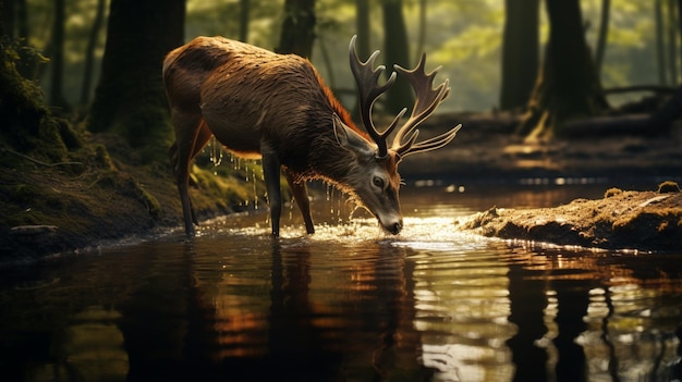 Foto bellissimo cervo che beve acqua animale foresta immagine di sfondo ai generato art