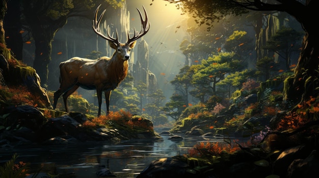 Beautiful deer in the forest with river