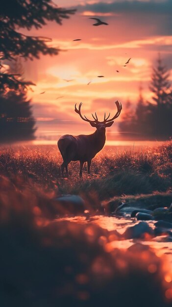 Beautiful deer stag in the forest at sunset in the grass ray trees background Landscape nature