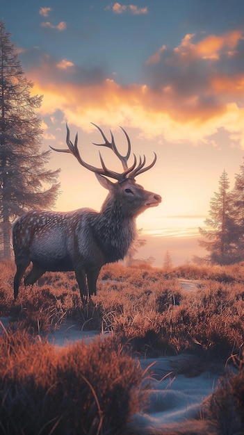 Photo beautiful deer stag in the forest at sunset in the grass ray trees background landscape nature