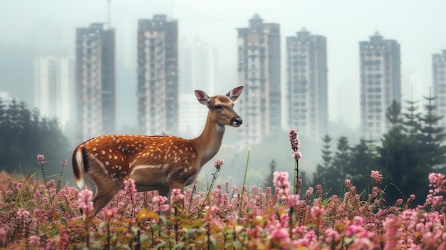 Photo a beautiful deer stands in a field of flowers with a cityscape in the background the deer is facing away from the city looking out at the field