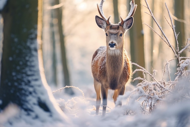 겨울 숲의 아름다운 사슴
