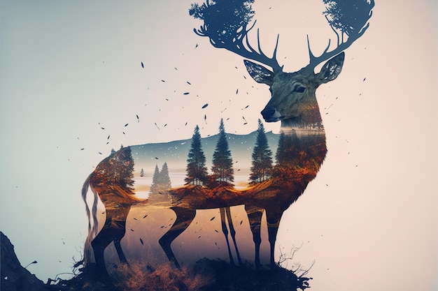 Beautiful deer in the woods double exposure with natural background