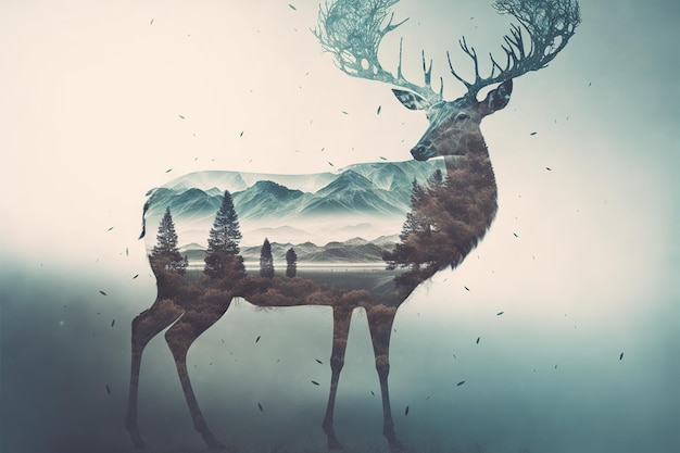 Beautiful deer in the woods double exposure with natural background