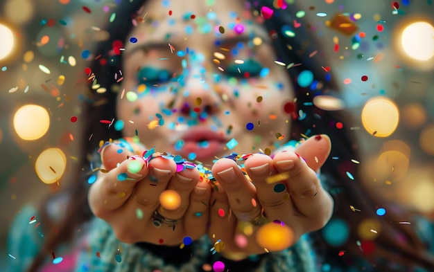 beautiful defocused woman blow confetti from hands celebration and event concept