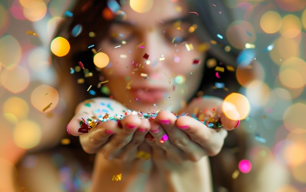 Photo beautiful defocused woman blow confetti from hands celebration and event concept