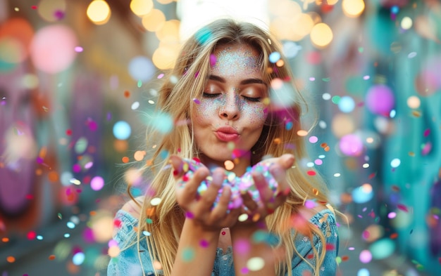 beautiful defocused woman blow confetti from hands celebration and event concept