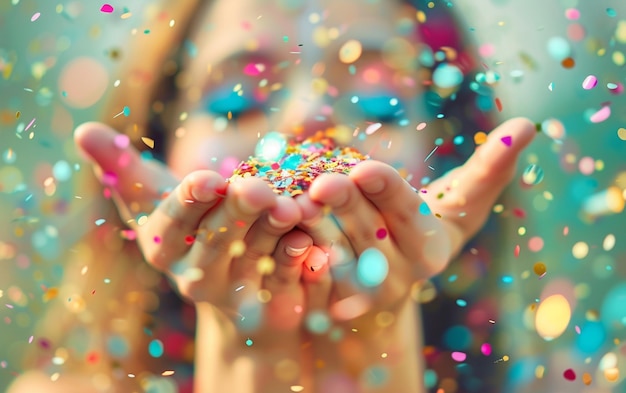 Foto bella donna sfocata soffiare confetti dalle mani celebrazione e concetto di evento