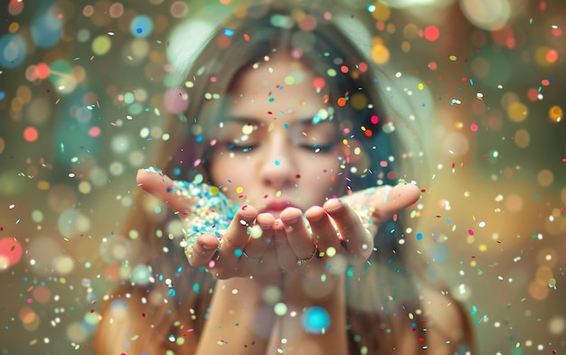 Photo beautiful defocused woman blow confetti from hands celebration and event concept