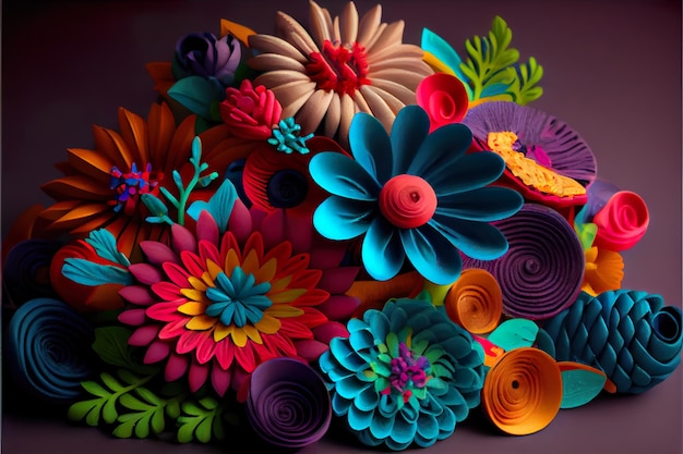 Beautiful delicate artificial plasticine flowers whimsical floral buds plants petals Generative AI