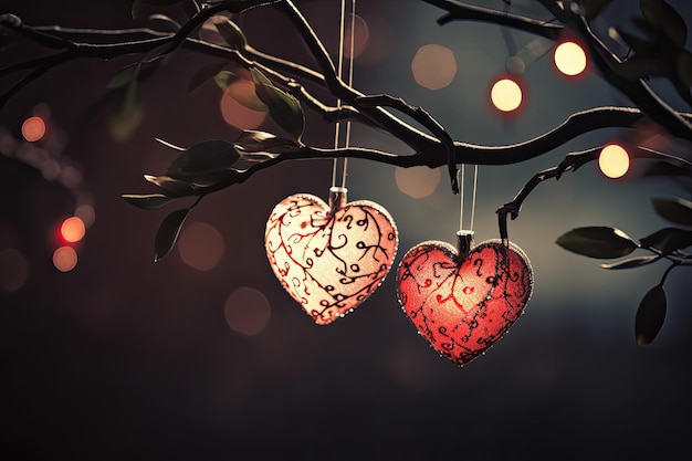 Beautiful and delicate heart shaped Christmas ornaments on tree branch blurred background Generative AI