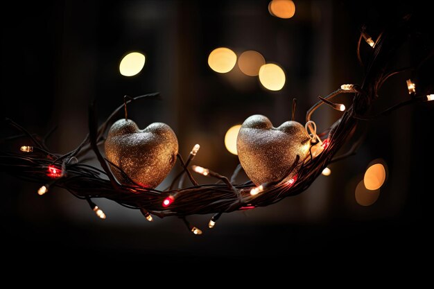 Beautiful and delicate heart shaped Christmas ornaments on tree branch blurred background Generative AI