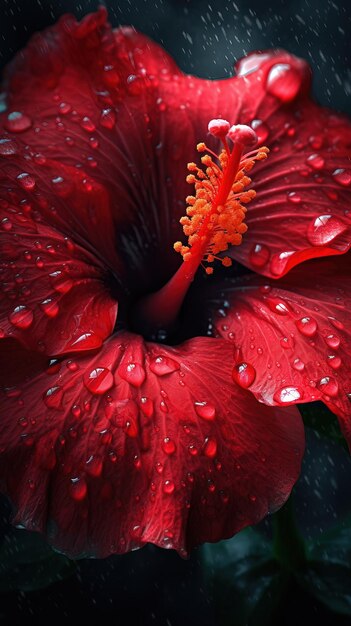 Beautiful delicate red flower hibiscus closeup macro photography Generative Ai