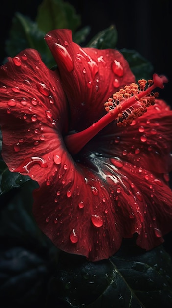 Beautiful delicate red flower hibiscus closeup macro photography Generative Ai