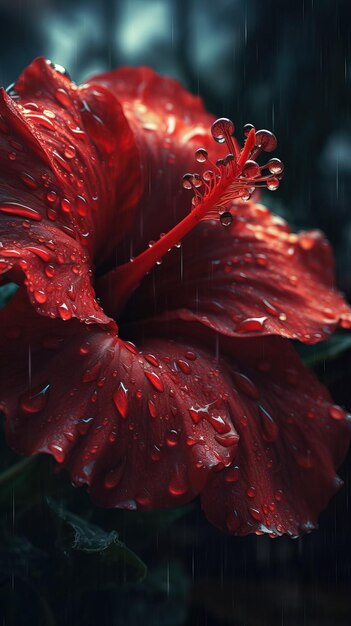 아름다운 섬세한 붉은 꽃 히비스커스 근접 촬영 매크로 사진 Generative Ai