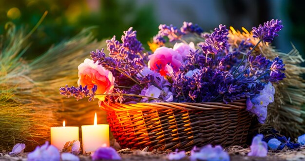 Beautiful delicate wicker basket with lavender flowers in the sun with bokeh