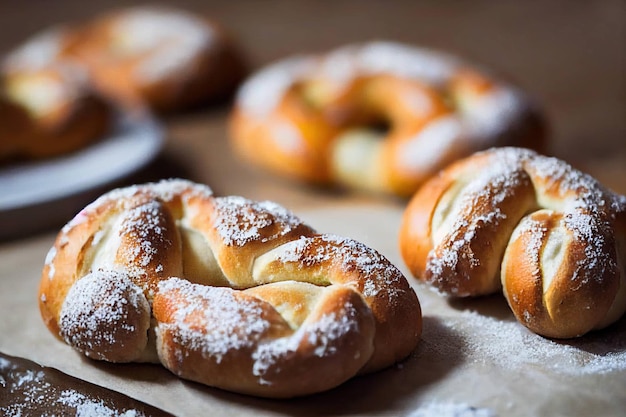 가루 설탕에 brezel 형태의 아름다운 맛있는 아침 식사