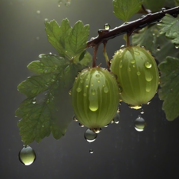 Beautiful delicious green gooseberry with water drops on watercolor mist background AI generated