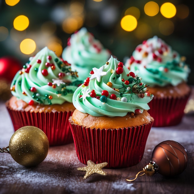 アイス クリスマス カップケーキ クリスマス ツリーの背景の美しくておいしい写真