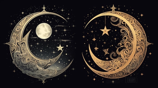 Beautiful depictions of the crescent moon and stars