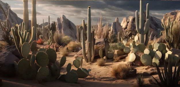 Beautiful desert landscape with cacti and mountains 3d rendering