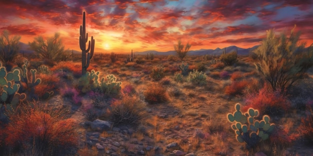 Beautiful desert landscape with Cacti and mountains Digital painting