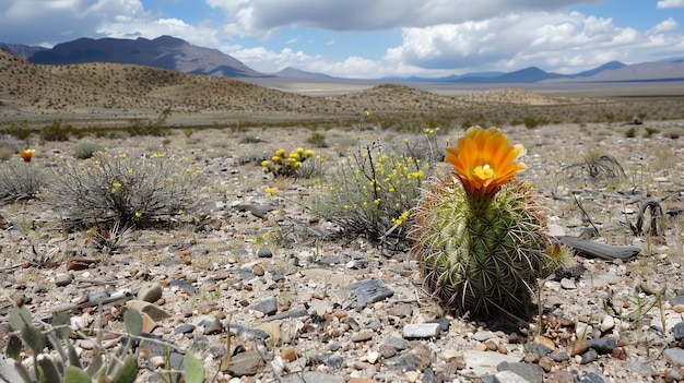 Photo a beautiful desert landscape with a colorful cactus flower in the foreground