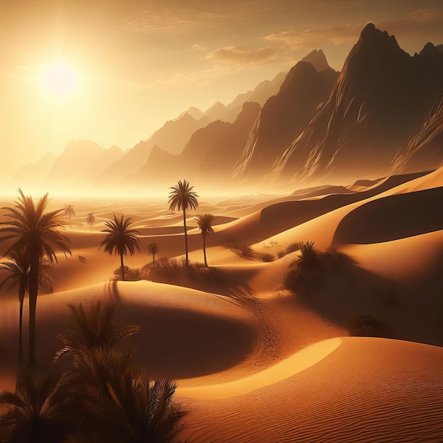 A beautiful desert landscape with palm trees and mountains The sun sets casting a warm glow