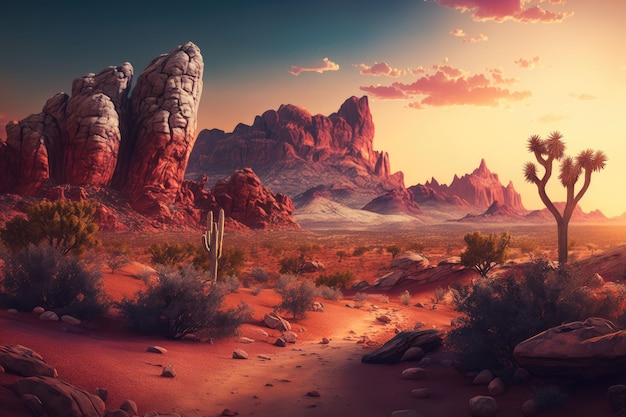 Beautiful desert scenery and red rock formations against backdrop of sunset sky created with generat