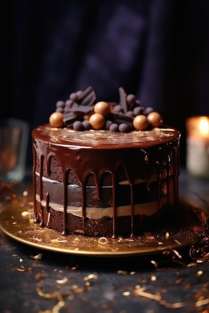 Bellissima torta al cioccolato firmata con decorazioni dorate ia generativa