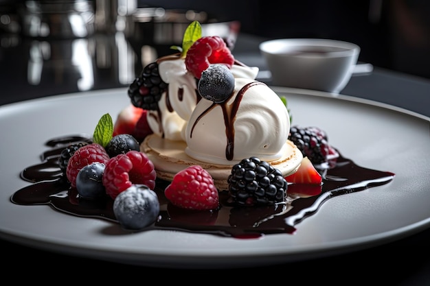 Beautiful dessert featuring white meringue fresh berries chocolate sauce created with generative ai