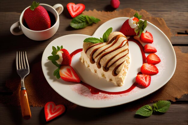 Beautiful dessert in form of heartshaped tiramisu with strawberry decor