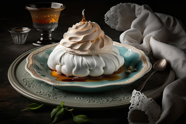 Beautiful dessert in form of meringue cake with white cream on plate