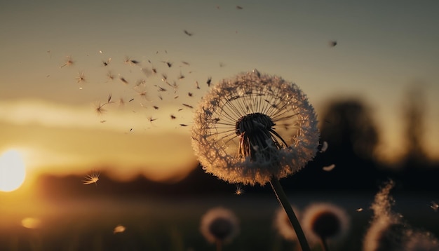 Beautiful developing fluffy dandelion in the wind during sunset