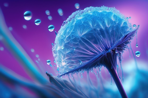 Beautiful dew drips on macro shot of a dandelion seed Beautiful background in violet and light blue