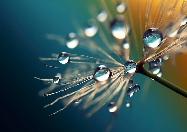 Beautiful dew drops on a dandelion seed macro beautiful blue background generative ai
