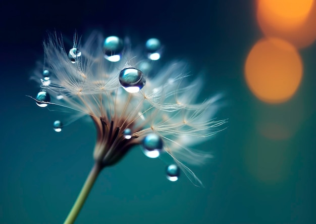 Beautiful dew drops on a dandelion seed macro beautiful blue background generative ai