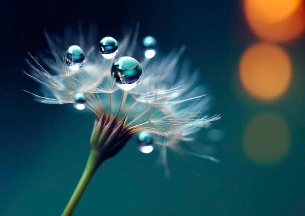 Beautiful dew drops on a dandelion seed macro Beautiful blue background Generative AI